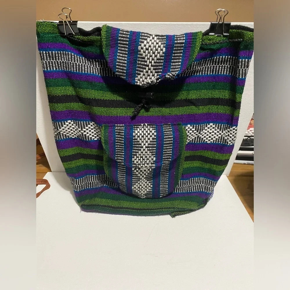 Mexico Beach Textile Hippie Baja Tote Backpack Bag Blanket Purse Purple Green - Picture 4 of 5